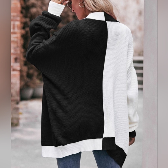 Contrast Open Front Cardigan - Black - Picture 4 of 5